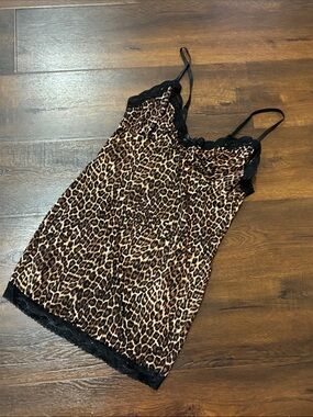 JUST SEXY LINGERIE Leopard Print Lace-Trim Slip Dress CHEMISE BABYDOLL SZ L